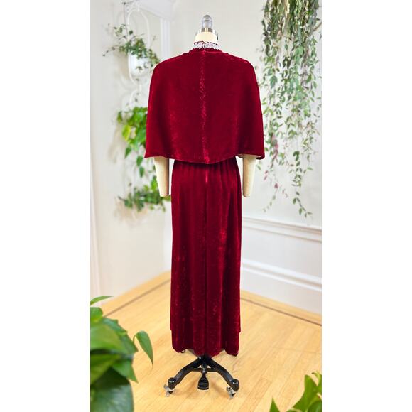 Vintage 1970s Dress Set 70s Red Velvet Party Matching Cape Holiday Formal Maxi - Picture 5 of 11